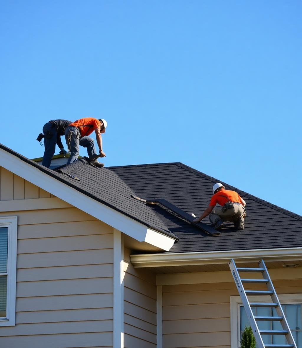 Professional roofing crew installing dark architectural shingles on a Winnipeg home